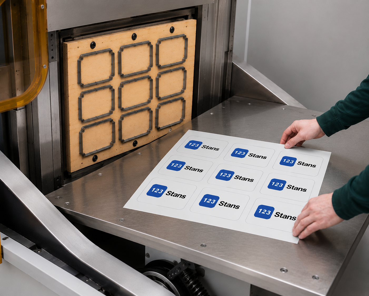 Stansmachine met gestanste 123 Stans vellen