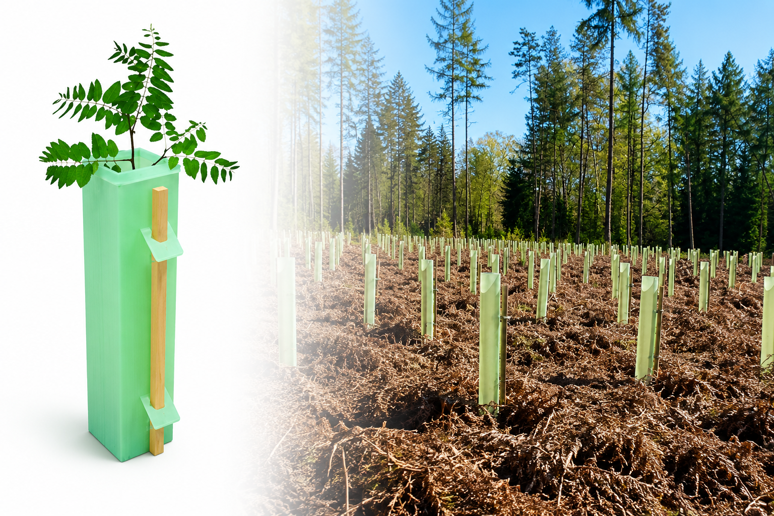 Gestanste kunststof boombeschermers voor jonge aanplant in het bos