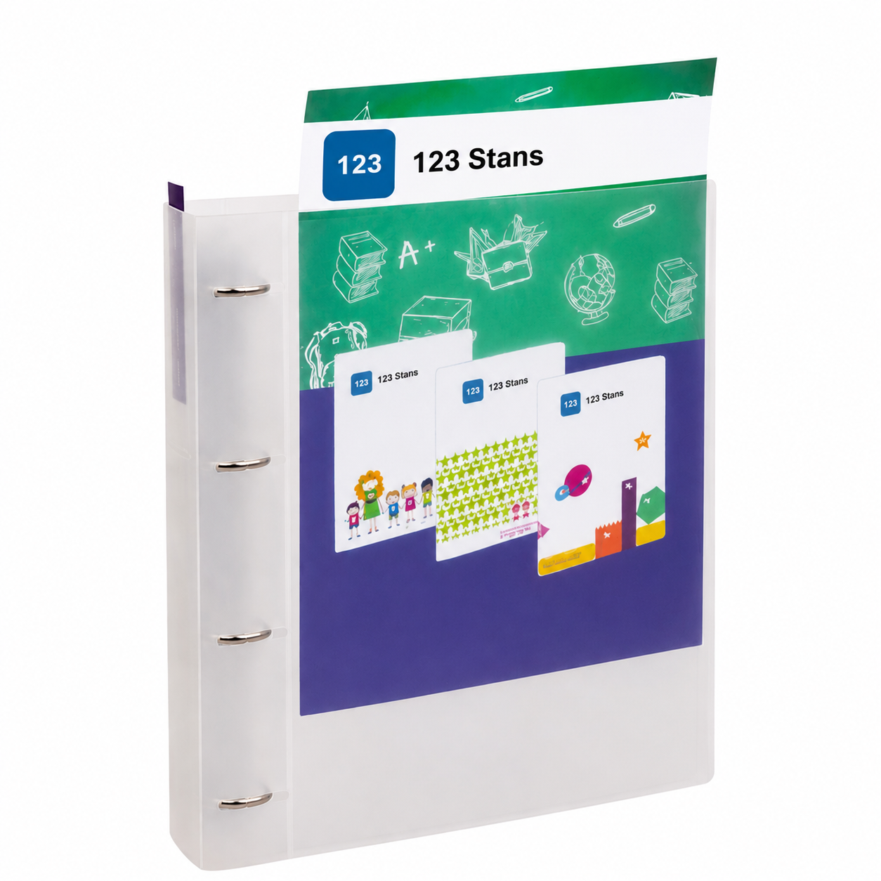 Kunststof presentatiemap met bedrukte inlays en 123 Stans logo
