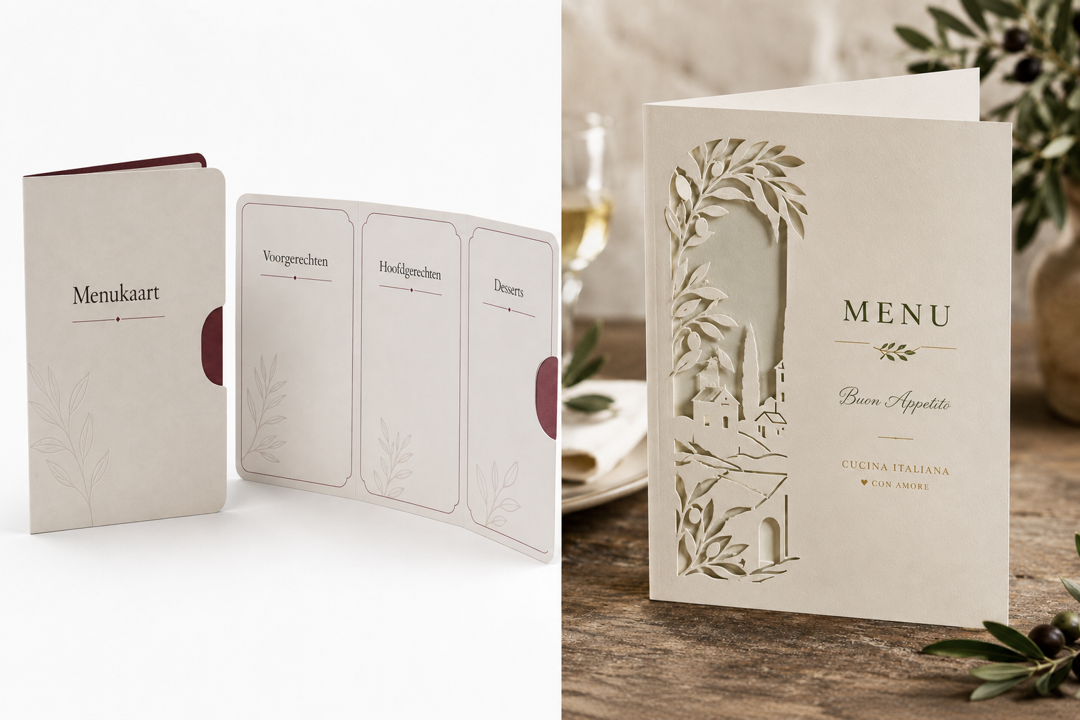 Gestanste en gepragde menukaart van luxe papier met uitgesneden details