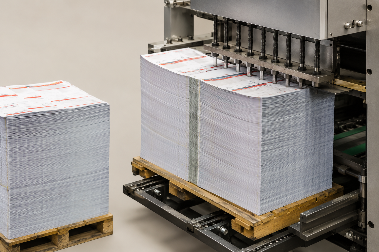 Stapels bedrukt papier worden gestanst op een stansmachine